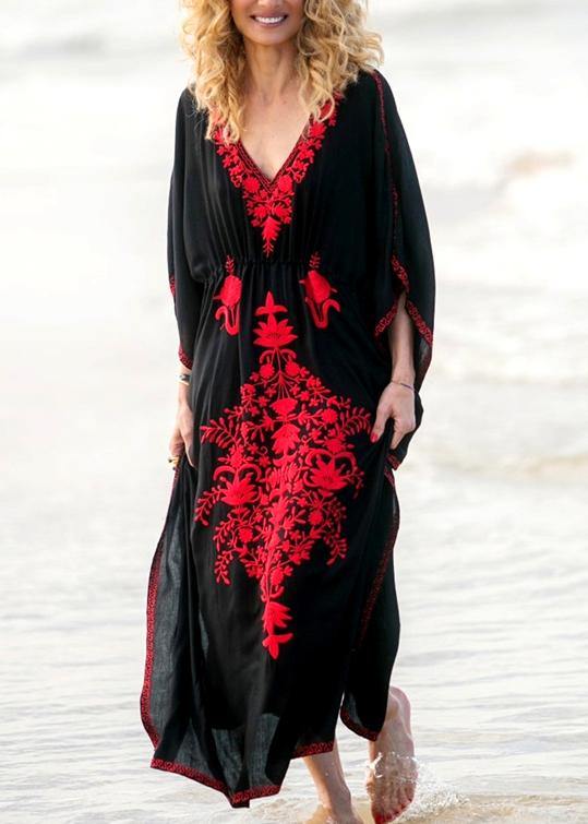 Stylish Black Embroideried Long sleeve kimono robe Maxi  Summer - bagstylebliss