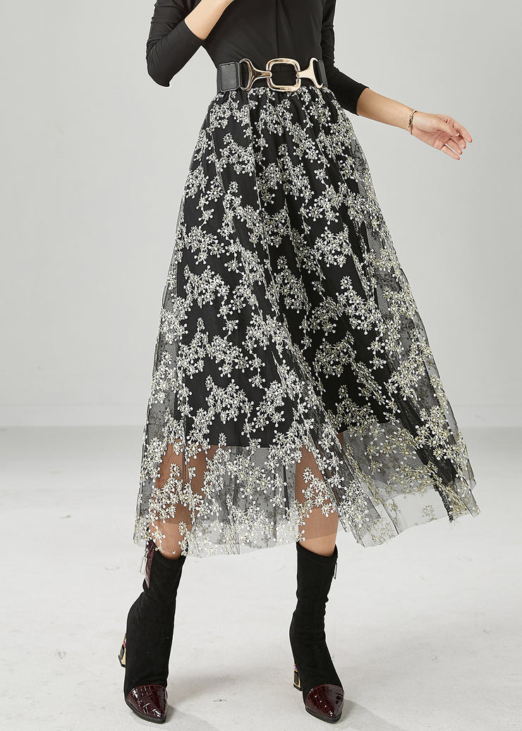 Stylish Black Embroidered Tulle Skirt Summer