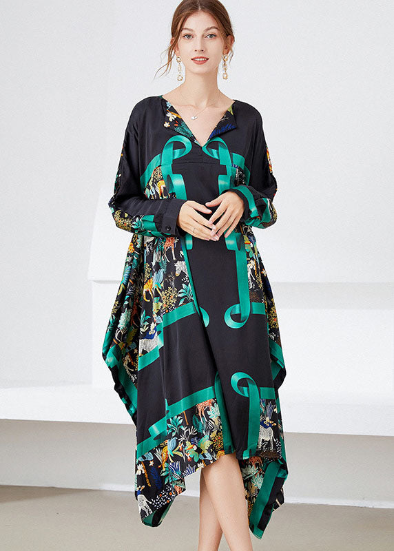 Stylish Black Green Asymmetrical Print Satin Maxi Dress Spring