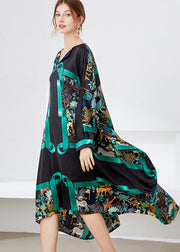 Stylish Black Green Asymmetrical Print Satin Maxi Dress Spring