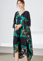 Stylish Black Green Asymmetrical Print Satin Maxi Dress Spring