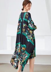 Stylish Black Green Asymmetrical Print Satin Maxi Dress Spring