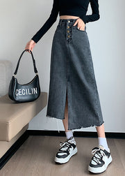 Stylish Black Grey High Waist Side Open Asymmetrical Cotton A Line Skirts Summer