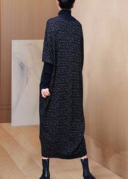 Stylish Black Hign Neck Patchwork Woolen Knitwear Dress Winter