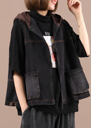 Stylish Black Hooded Patchwork Pockets Zippered Fall Waistcoat