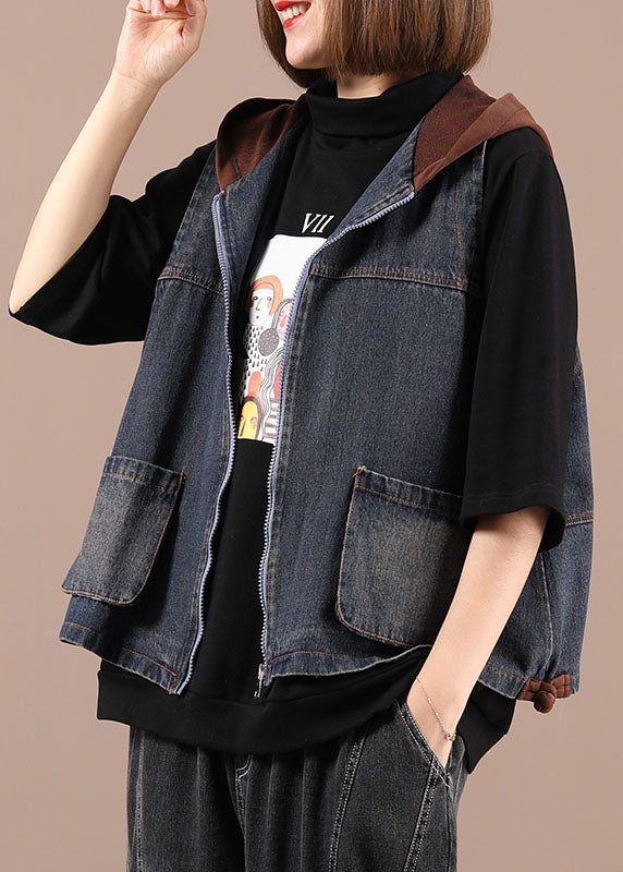 Stylish Black Hooded Patchwork Pockets Zippered Fall Waistcoat