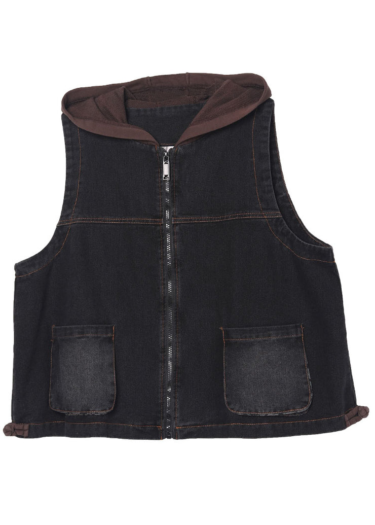 Stylish Black Hooded Patchwork Pockets Zippered Fall Waistcoat