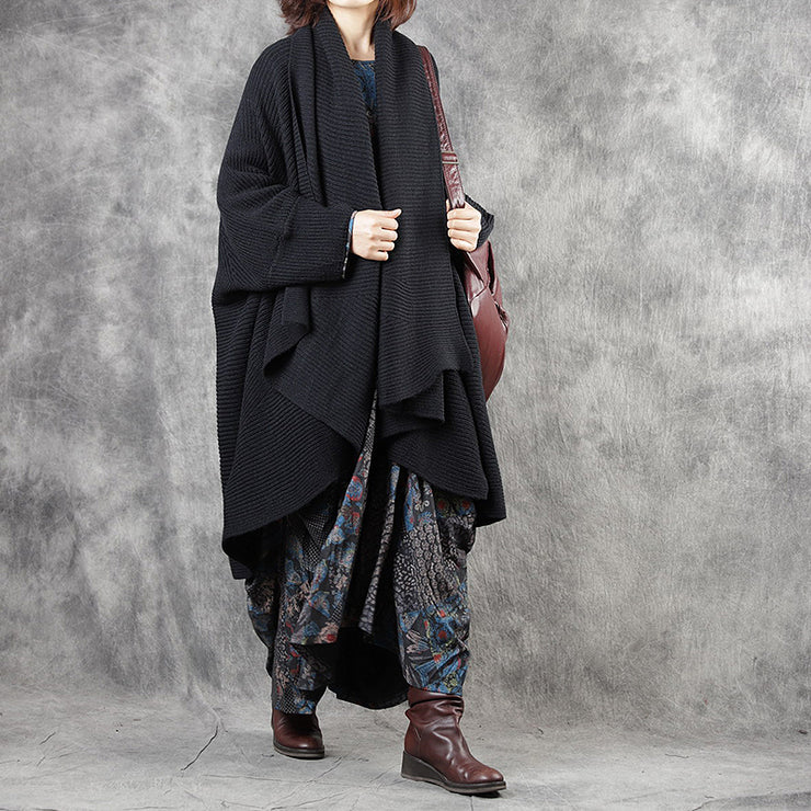 Stylish Black Loose Asymmetrical Design Fall Knitwear Coat