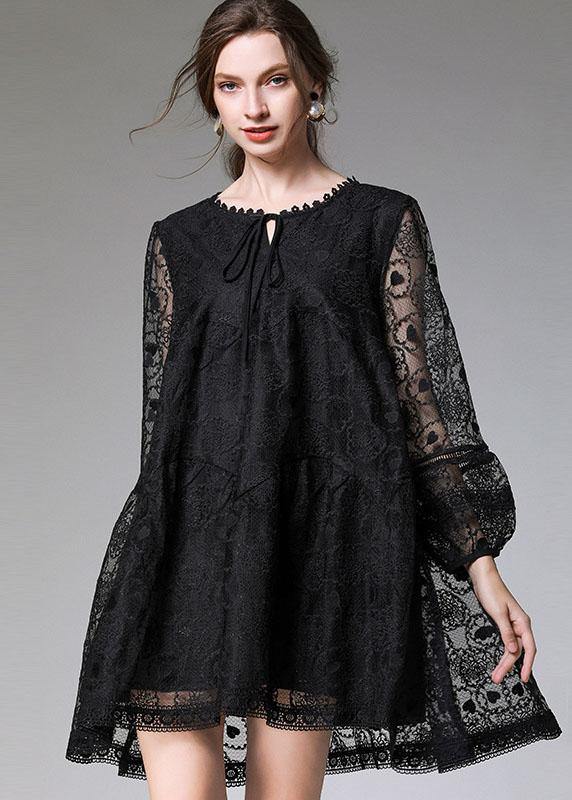 Stylish Black Loose Embroideried Spring Long Sleeve Dress - bagstylebliss