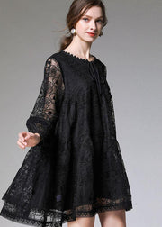 Stylish Black Loose Embroideried Spring Long Sleeve Dress - bagstylebliss