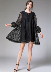 Stylish Black Loose Embroideried Spring Long Sleeve Dress - bagstylebliss