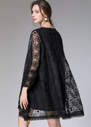 Stylish Black Loose Embroideried Spring Long Sleeve Dress - bagstylebliss