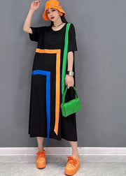 Stylish Black O-Neck Rainbow Applique Cotton Lengthen Dress Short Sleeve