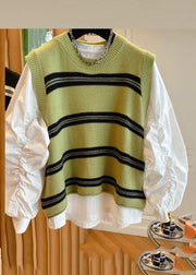 Stylish Black O-Neck Striped Patchwork Knit Waistcoat And Shirts Two Pieces Set Long Sleeve