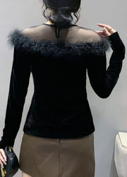 Stylish Black O-Neck Tulle Patchwork Velour Top Bottoming Shirt