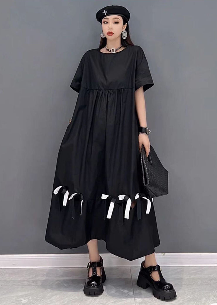 Stylish Black O-Neck Wrinkled Cotton Long Dress Short Sleeve