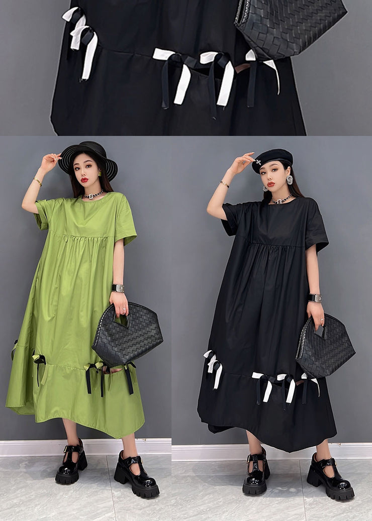 Stylish Black O-Neck Wrinkled Cotton Long Dress Short Sleeve