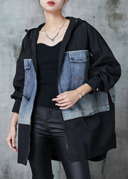 Stylish Black Oversized Patchwork Drawstring Cotton Coat Spring