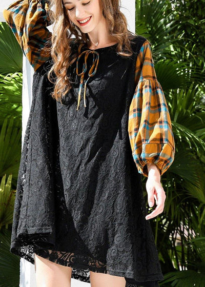 Stylish Black Patchwork Lantern Sleeve Lace Maxi Dress Summer - bagstylebliss