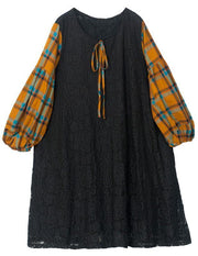 Stylish Black Patchwork Lantern Sleeve Lace Maxi Dress Summer - bagstylebliss