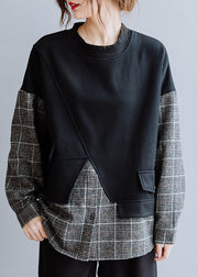 Stylish Black Patchwork Plaid Warm Fleece Sweatshirts Top Spring