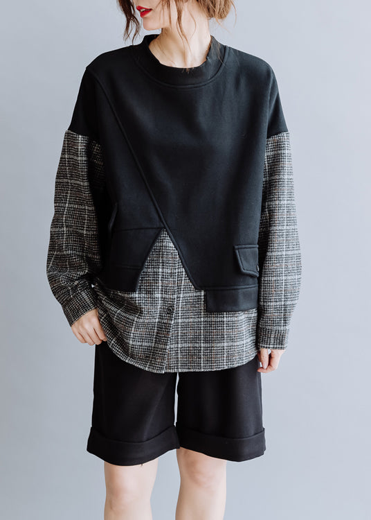 Stilvolle schwarze Patchwork-Plaid-warme Fleece-Sweatshirts Top Spring