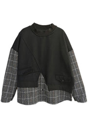 Stilvolle schwarze Patchwork-Plaid-warme Fleece-Sweatshirts Top Spring