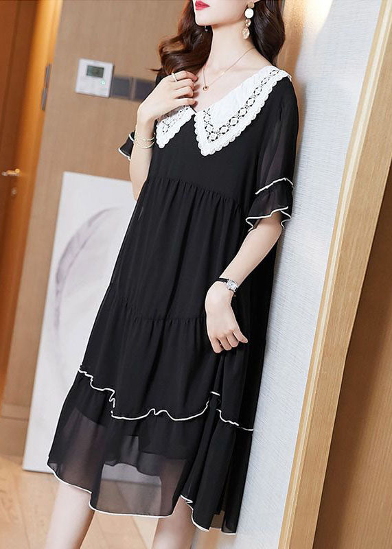 Stylish Black Peter Pan Collar Patchwork Wrinkled Chiffon Dress Summer