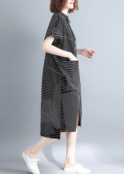 Stylish Black Peter Pan Collar low high design Striped Shirt Dresses Short Sleeve