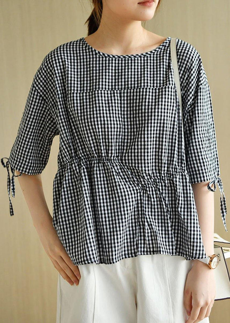 Stylish Black Plaid O-Neck Asymmetrical Design Summer Tops Half Sleeve - bagstylebliss