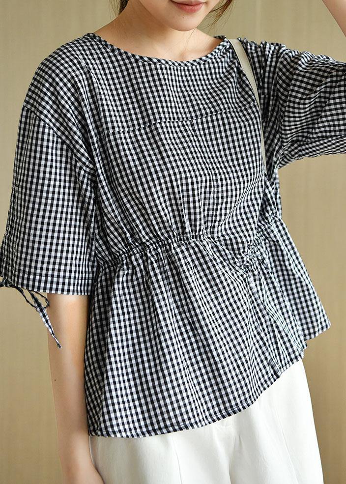 Stylish Black Plaid O-Neck Asymmetrical Design Summer Tops Half Sleeve - bagstylebliss