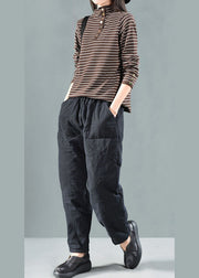 Stylish Black Pockets Linen Pants Winter