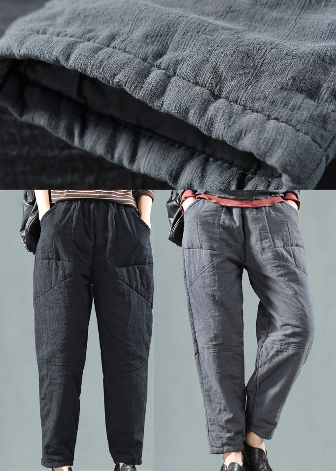 Stylish Black Pockets Linen Pants Winter