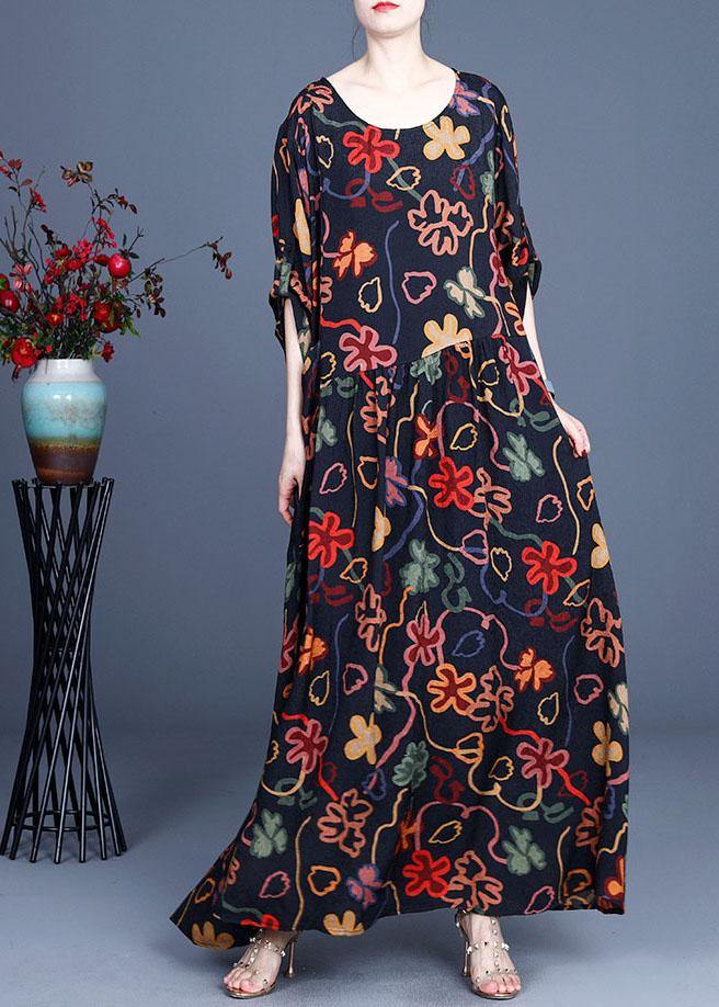 Stylish Black Print O-Neck Asymmetrical Design Summer Chiffon Cute Ankle Dress - bagstylebliss