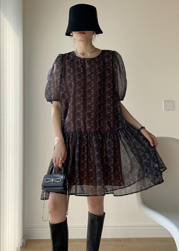 Stylish Black Print Wrinkled Patchwork Chiffon Dress Summer