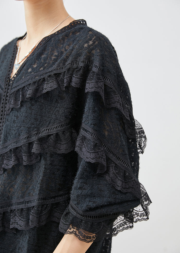 Stylish Black Ruffled Patchwork Lace Blouses Fall