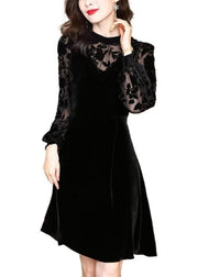 Stylish Black Stand Collar Hollow Out Patchwork Velour Mid Dress Fall