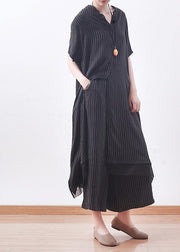 Stylish Black Striped Silk Button Summer Two Pieces Set - bagstylebliss