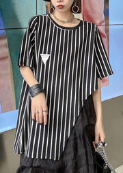 Stylish Black Striped Summer asymmetrical design Short Sleeve Tops - bagstylebliss