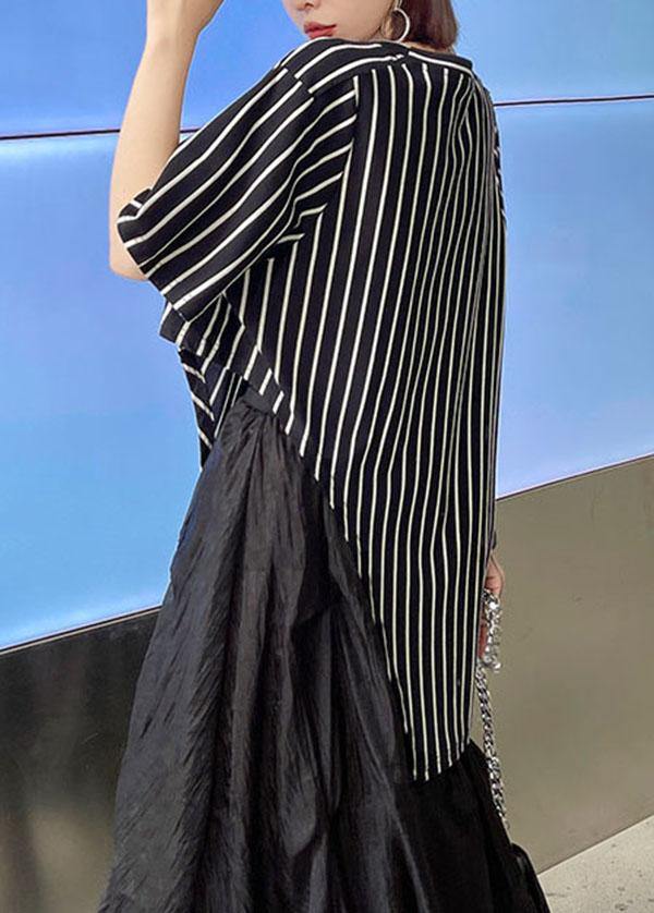 Stylish Black Striped Summer asymmetrical design Short Sleeve Tops - bagstylebliss