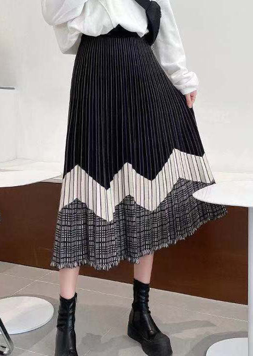 Stylish Black Tasseled Patchwork Knit Skirt Winter