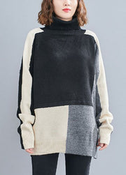 Stylish Black Turtle Neck Patchwork Knit Knit Pullover Spring