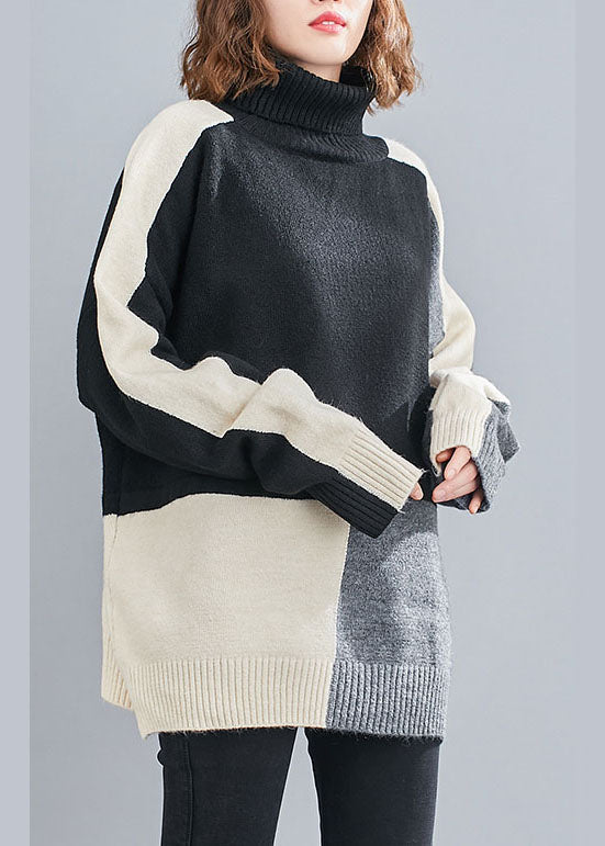 Stylish Black Turtle Neck Patchwork Knit Knit Pullover Spring