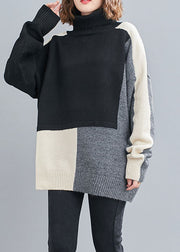 Stylish Black Turtle Neck Patchwork Knit Knit Pullover Spring