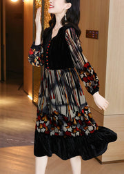 Stylish Black V Neck Patchwork Print Exra Large Hem Silk Velour Dress Spring