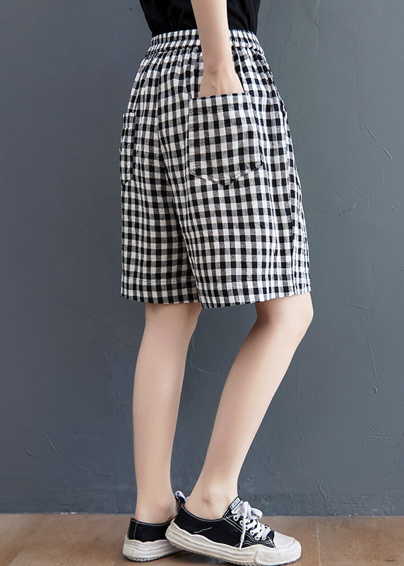 Stylish Black White Plaid Elastic Waist pocket hot pants Summer