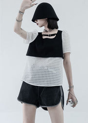 Stylish Black White Square Collar Hollow Out Patchwork Fake Two Pieces Tops Short Sleeve