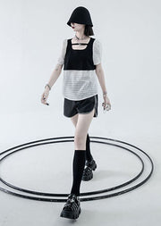 Stylish Black White Square Collar Hollow Out Patchwork Fake Two Pieces Tops Short Sleeve