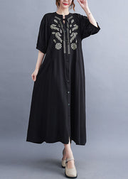 Stylish Black Wrinkled Embroideried Button Shirt Dresses Short Sleeve