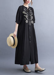 Stylish Black Wrinkled Embroideried Button Shirt Dresses Short Sleeve